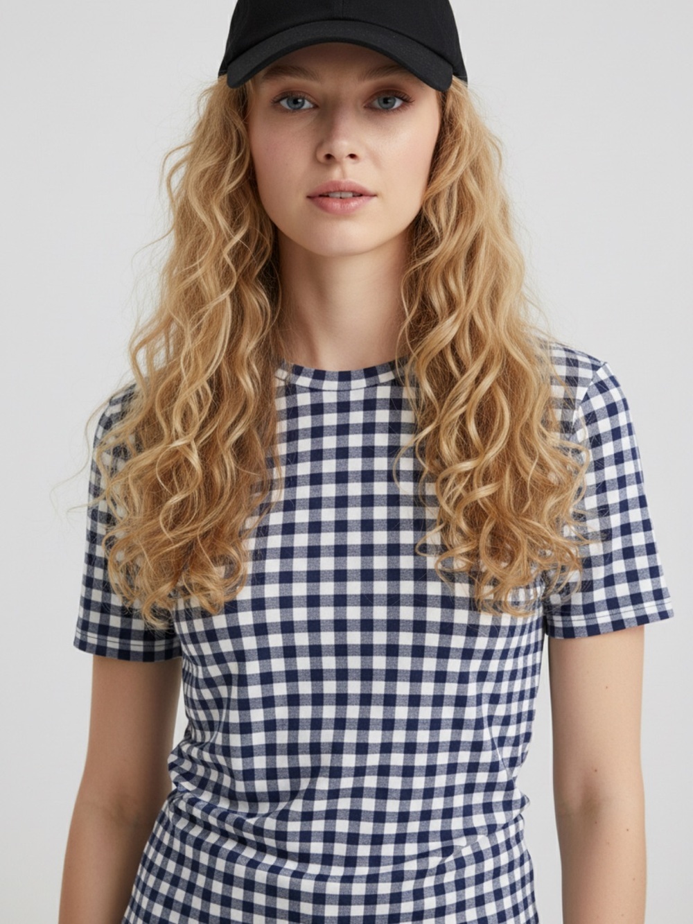 NWOT- Talbots Gingham Short Sleeve Tee - Navy and White